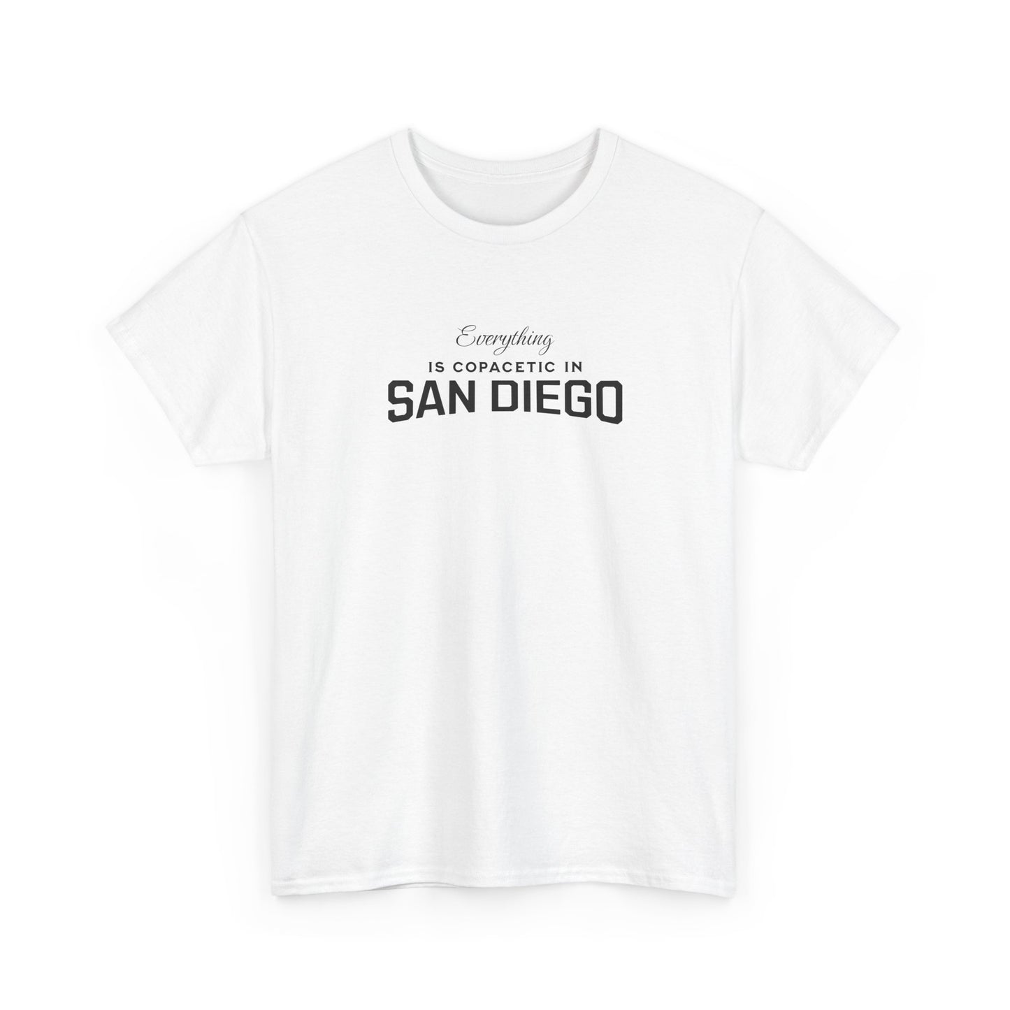 White t-shirt with black text 'Everything is copacetic in San Diego' on a white background