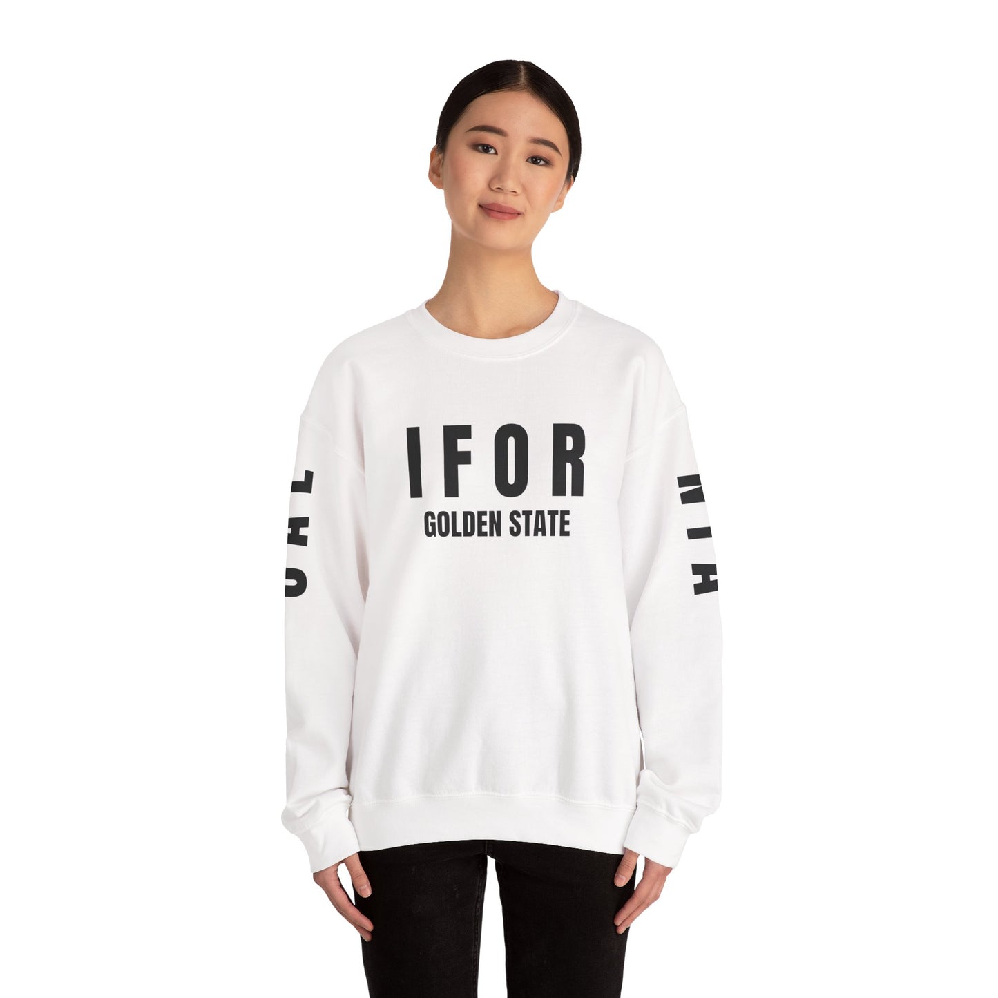Person wearing a white sweatshirt with 'I FOR GOLDEN STATE' text on a white background