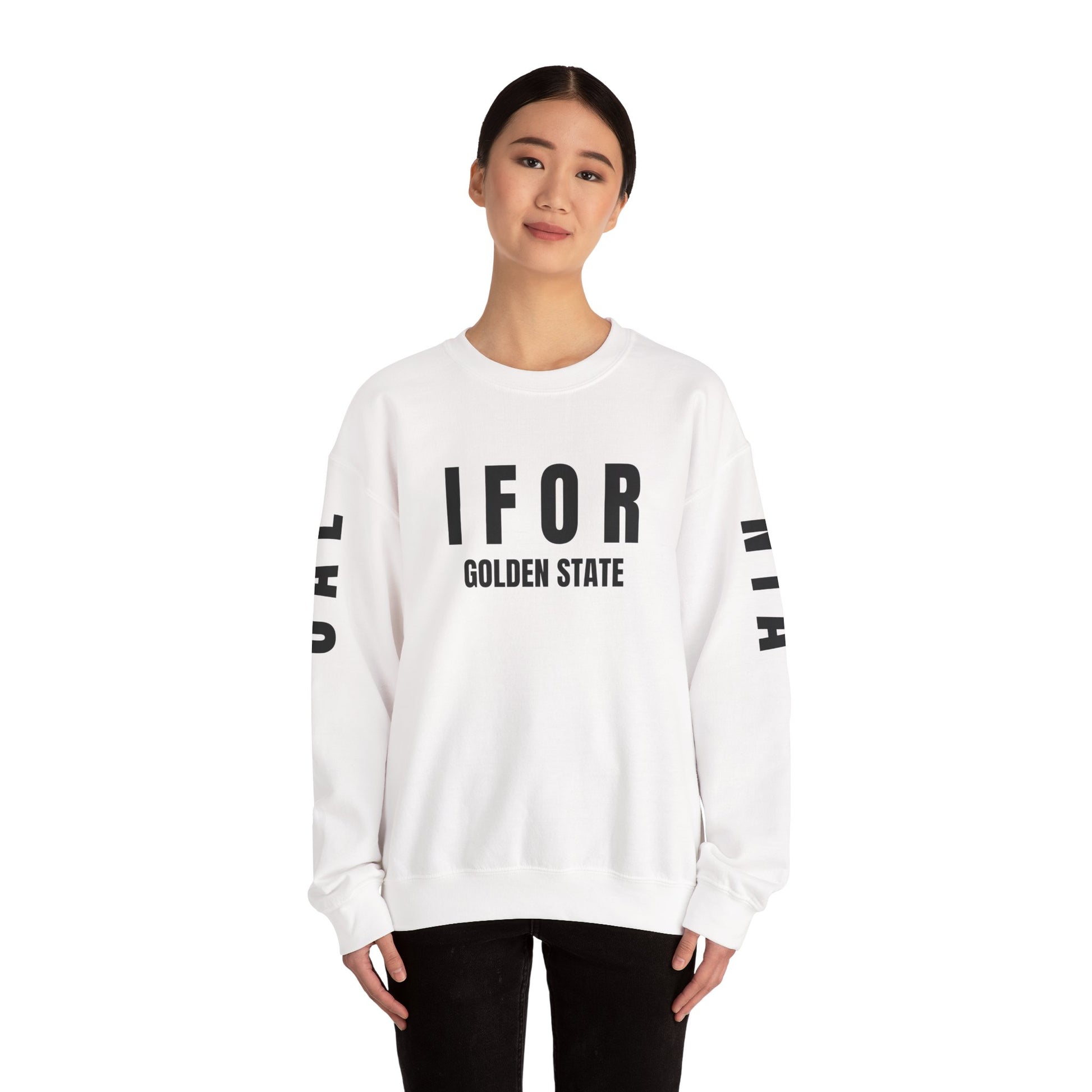 Person wearing a white sweatshirt with 'I FOR GOLDEN STATE' text on a white background