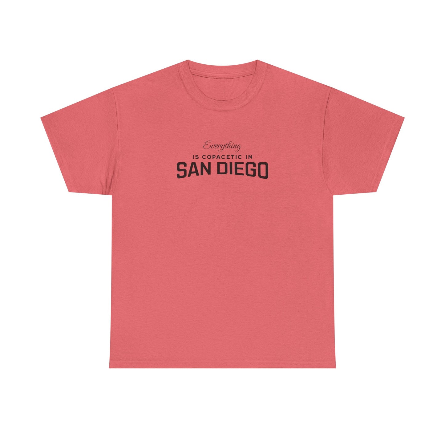 Red t-shirt with black text 'Everything is compatible in San Diego' on a white background