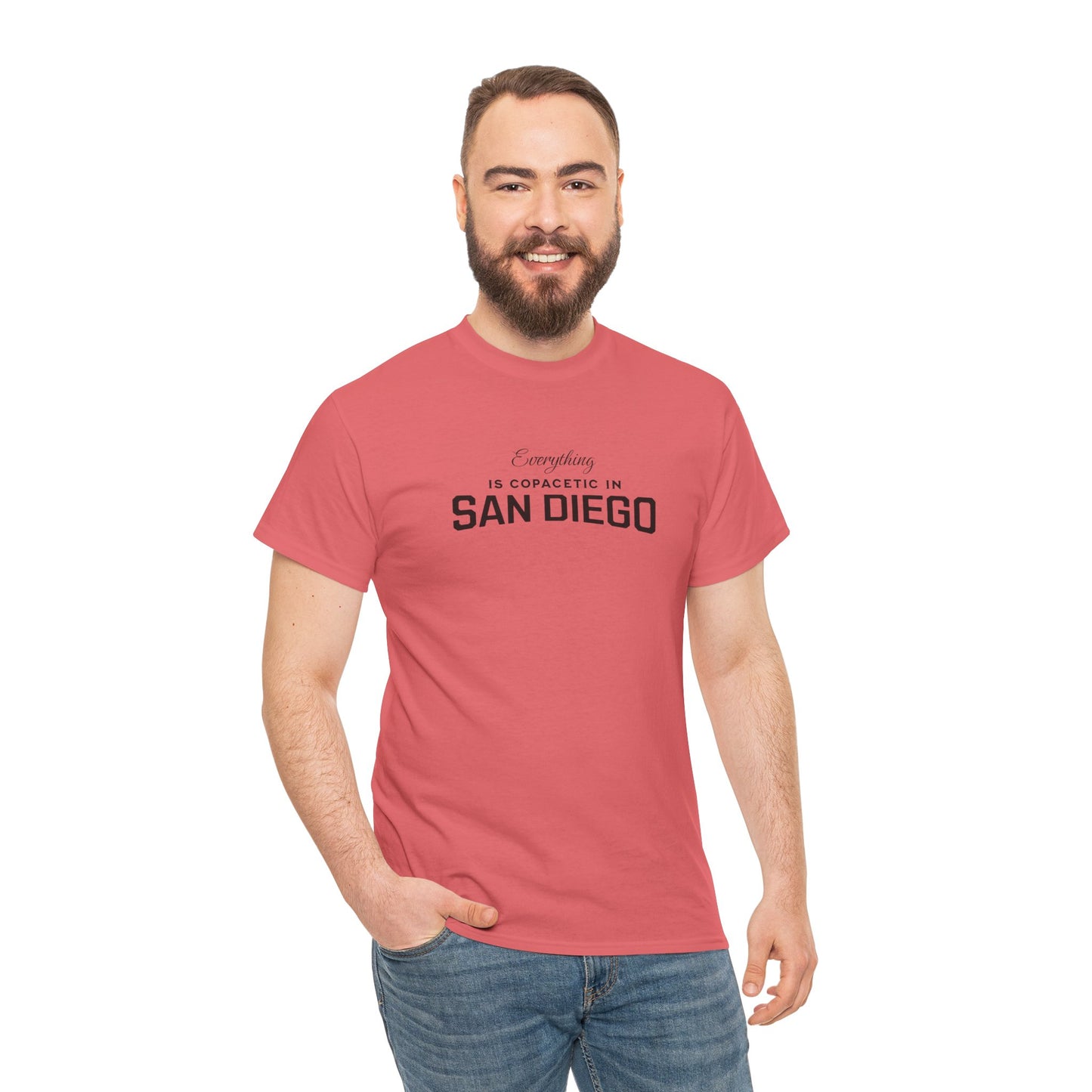 Man wearing a red t-shirt with 'Everything is Awesome in San Diego' text on a white background