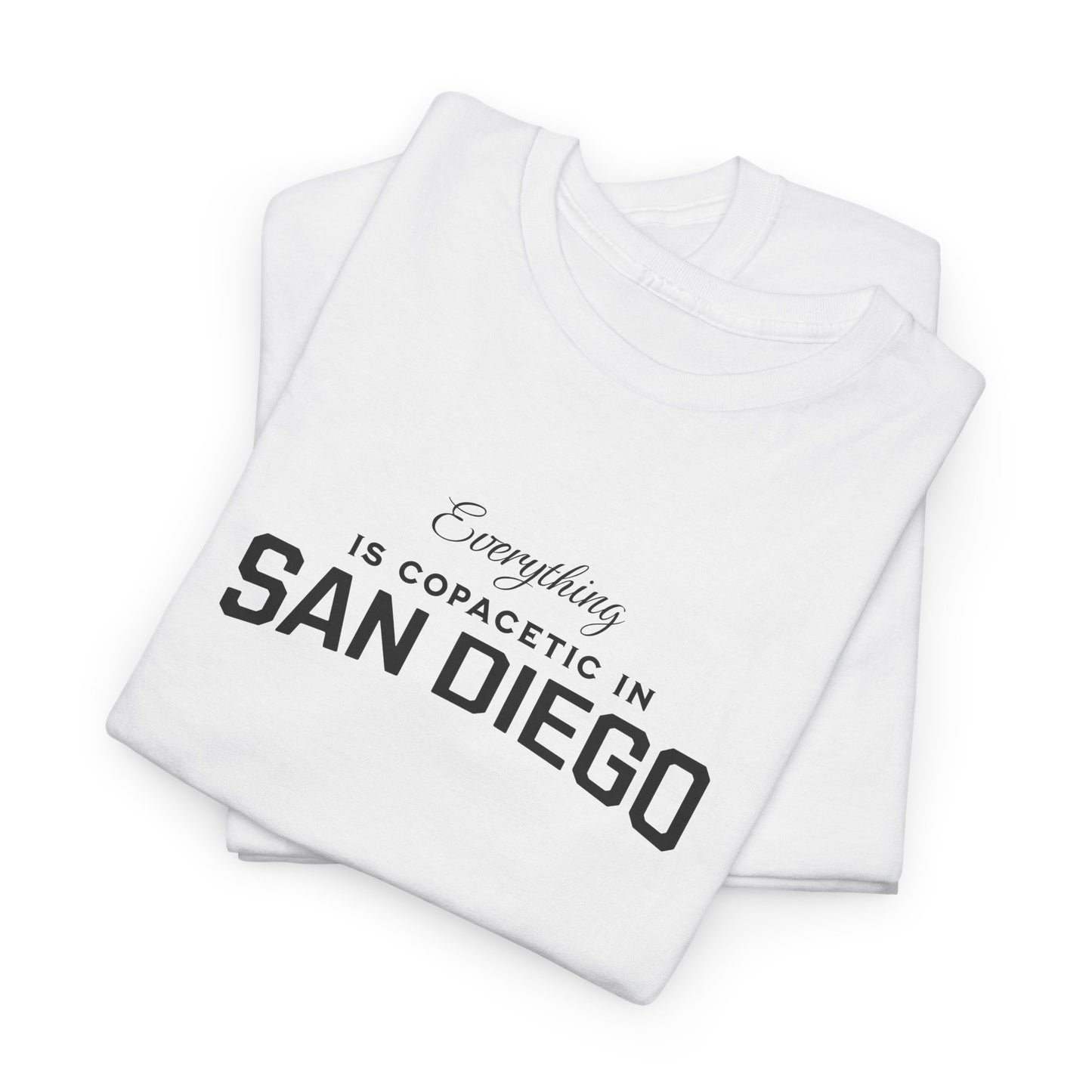 White t-shirt with text 'Everything is copacetic in San Diego' on a white background