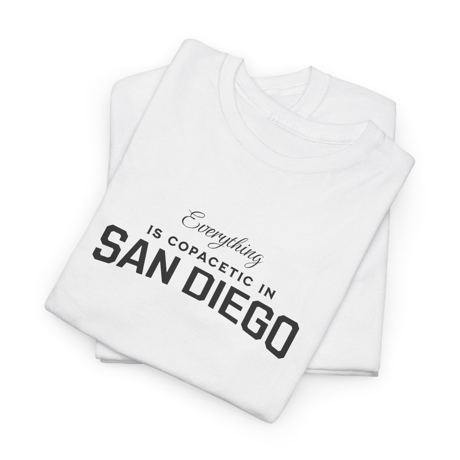 White t-shirt with text 'Everything is copacetic in San Diego' on a white background
