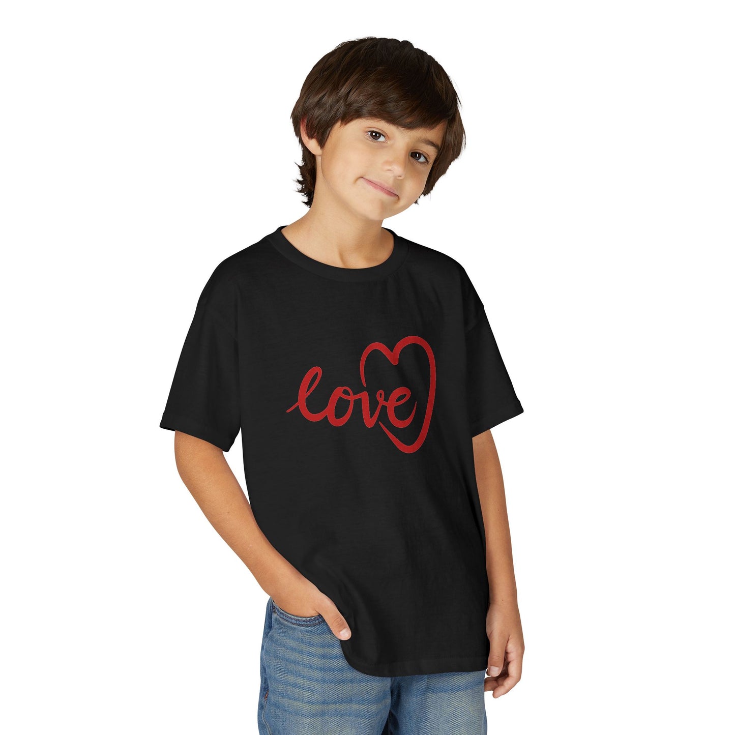 Heartfelt Style: Youth Red "Love" Heart Script Premium Tee