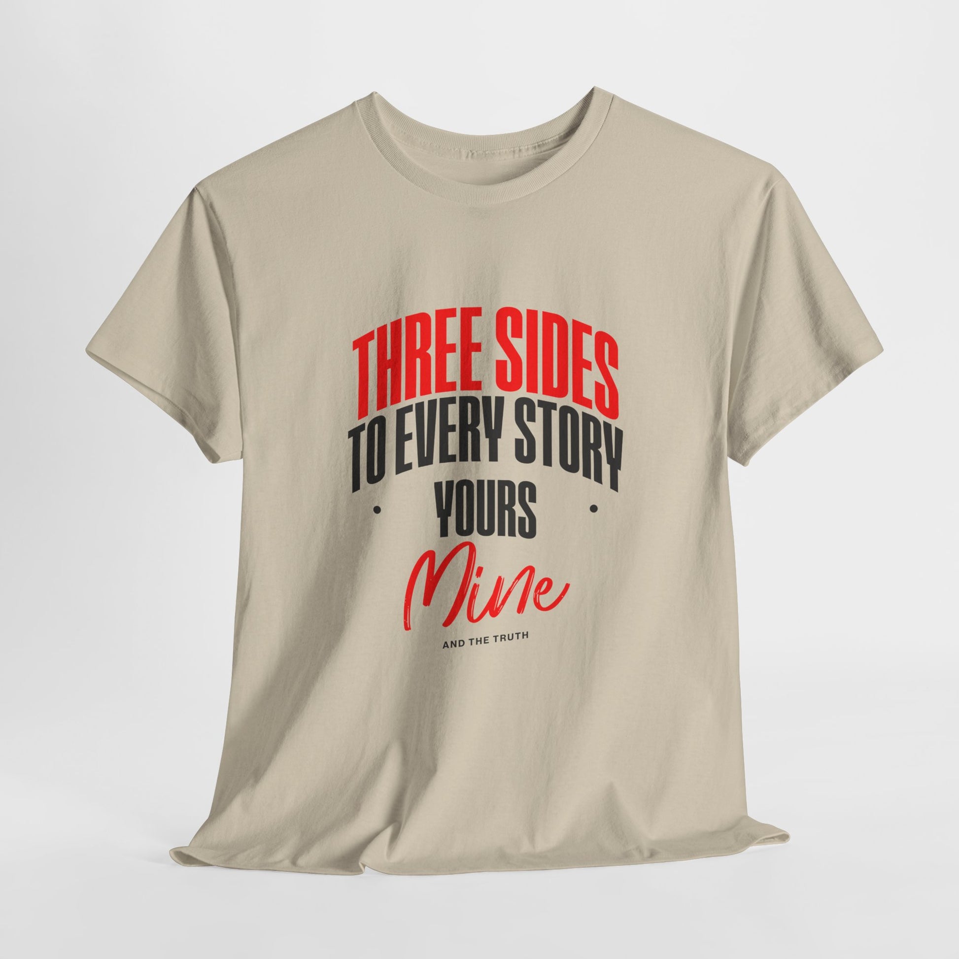 Beige t-shirt with red and black text on a white background