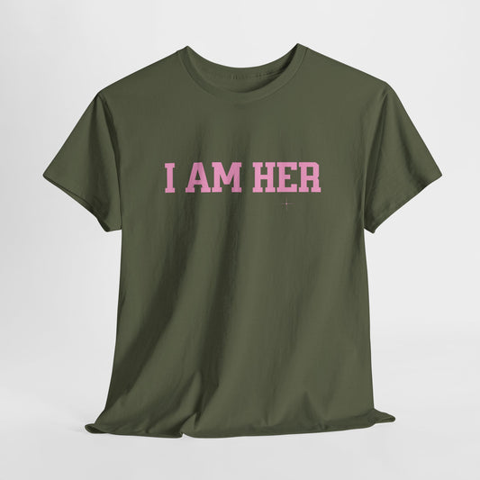 Green t-shirt with 'I AM HER' text in pink on a white background