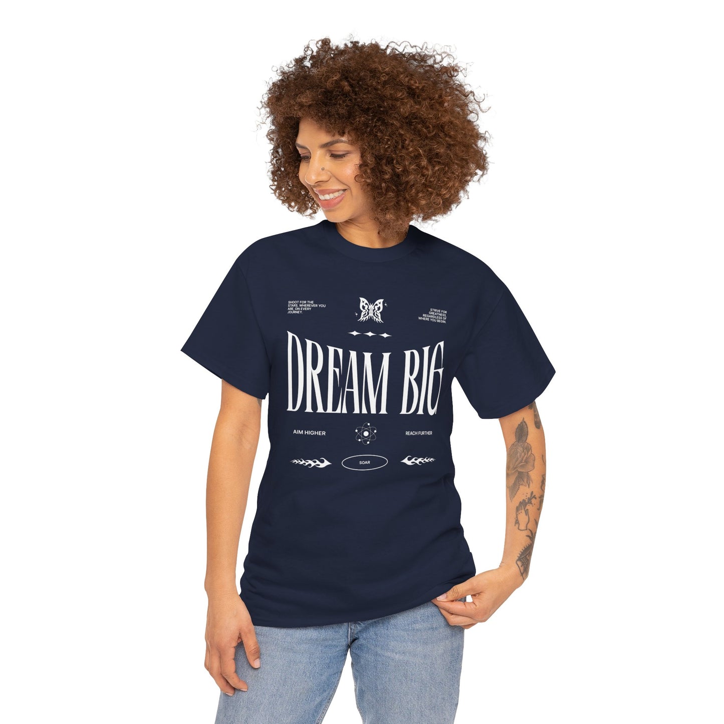 Dream Big Unisex Heavy Cotton T-Shirt Design. Shoot for the stars wherever you are and on every journey.