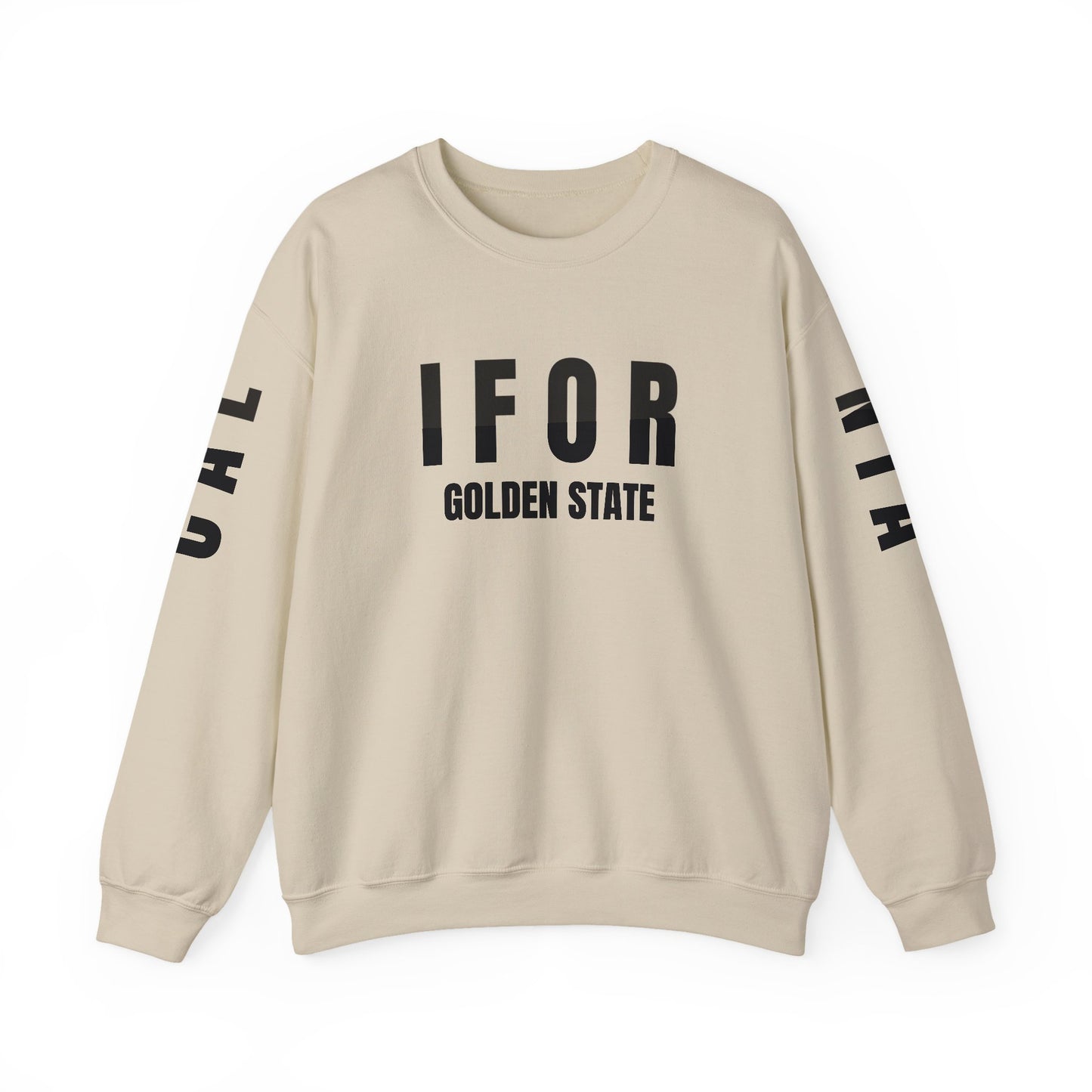 Beige sweatshirt with 'IFOR GOLDEN STATE' text on a white background