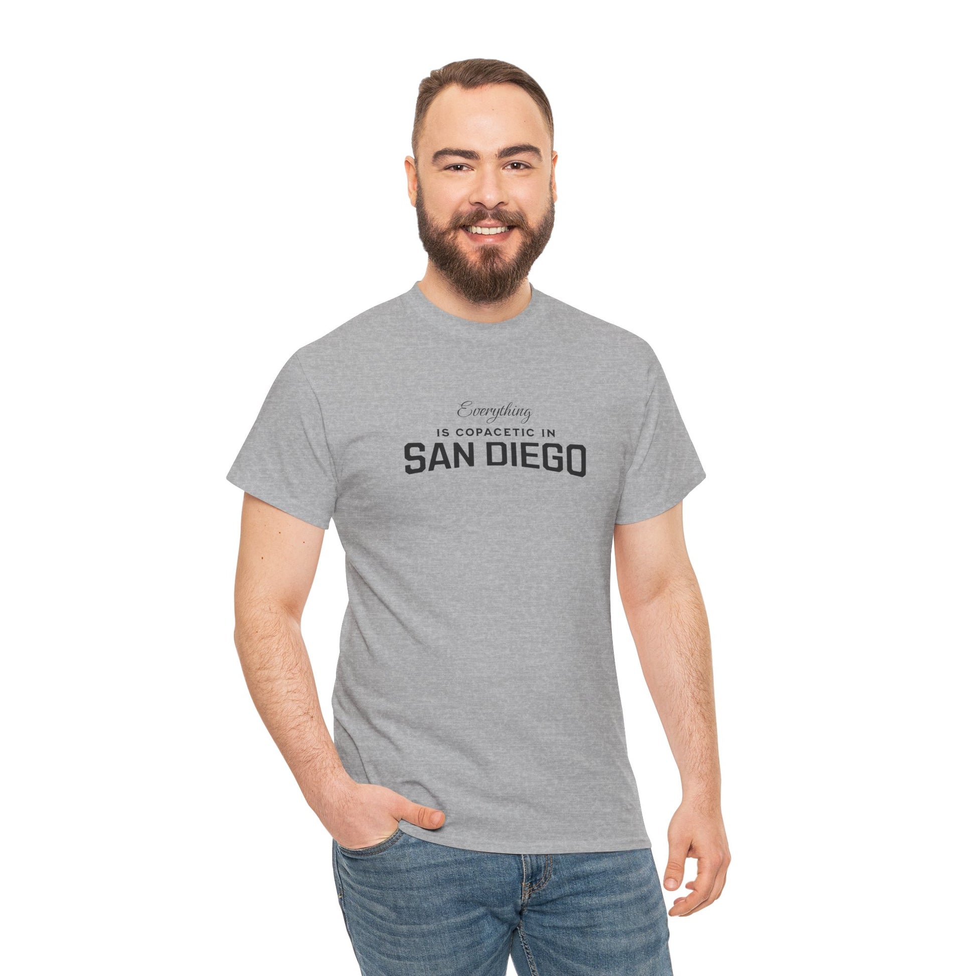 Man wearing a gray t-shirt with 'Everything is awesome in San Diego' text on a white background