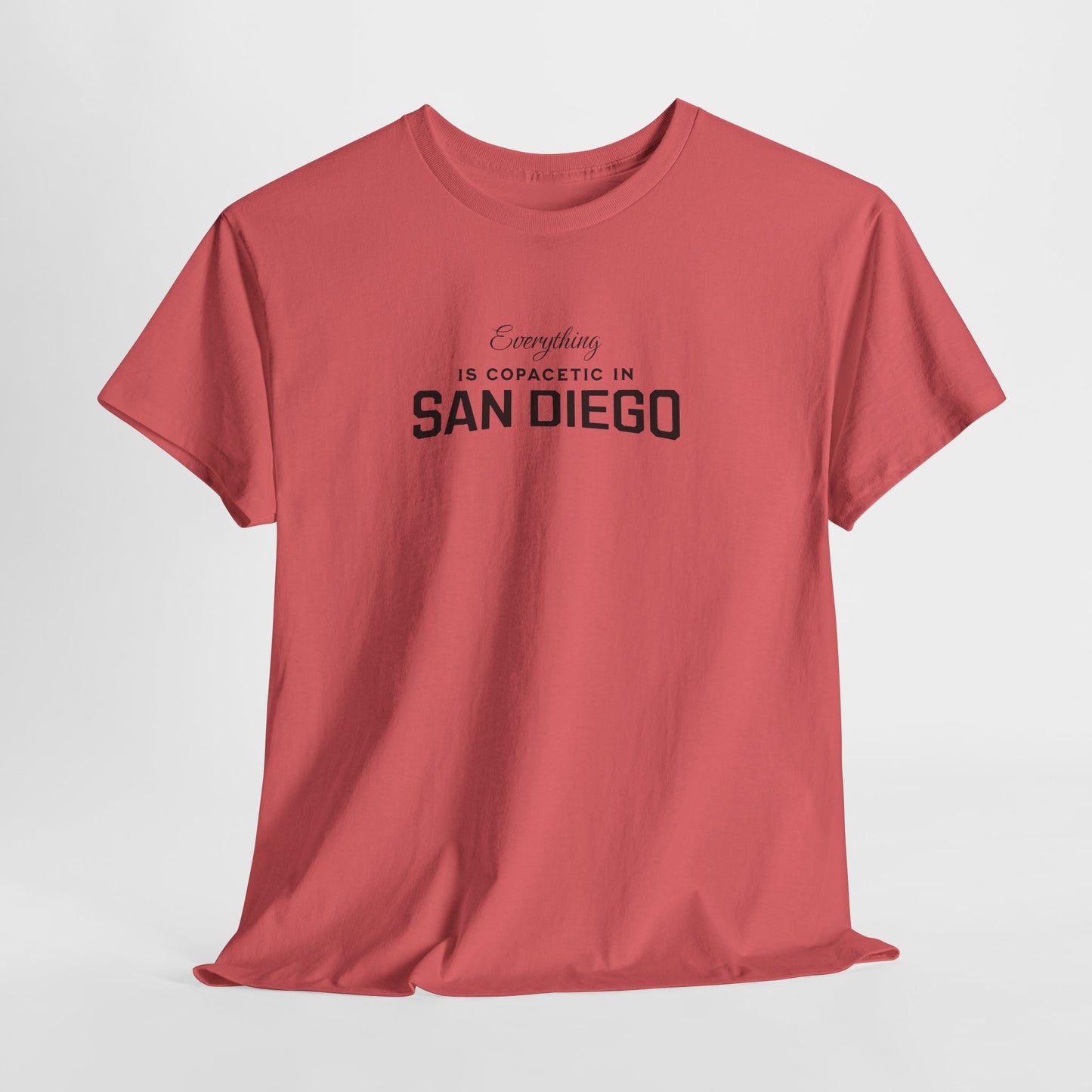 Red t-shirt with black text 'Everything is copacetic in San Diego' on a white background