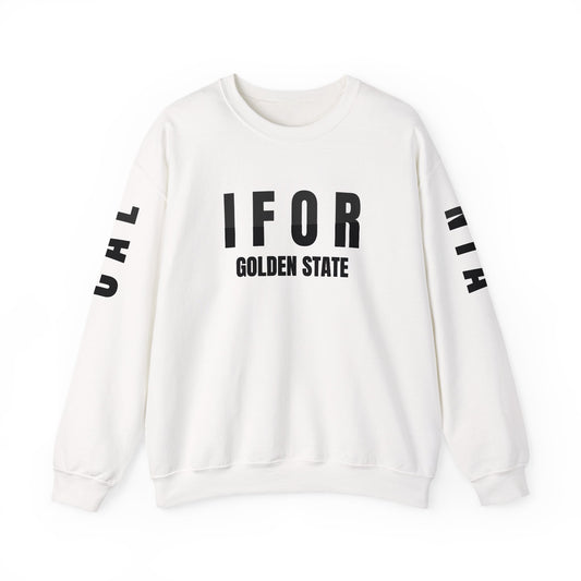 White sweatshirt with black text on a white background