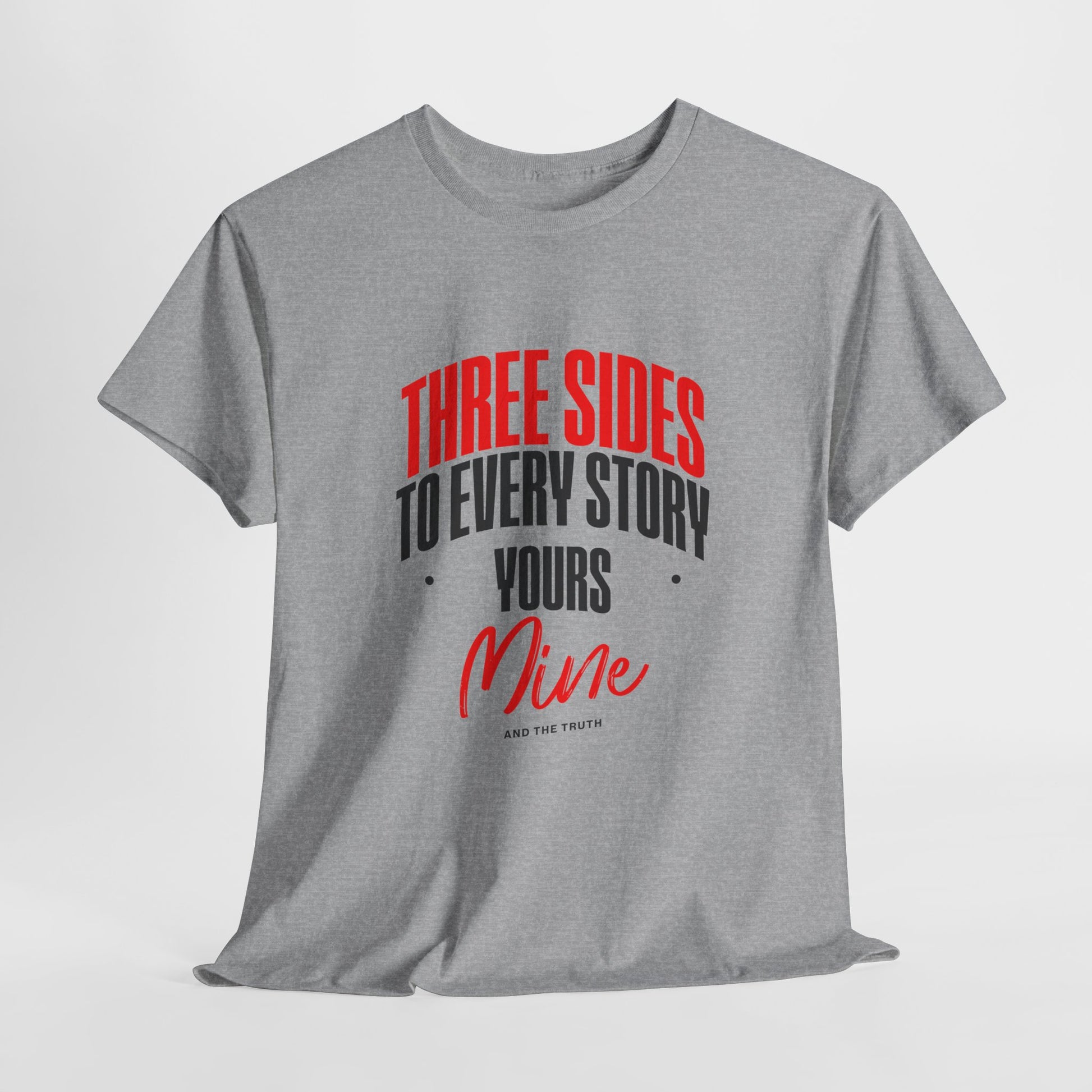 Gray t-shirt with red and black text on a white background