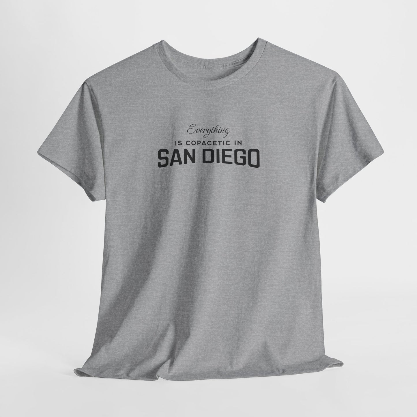 Gray t-shirt with text 'Everything is copacetic in San Diego' on a light gray background