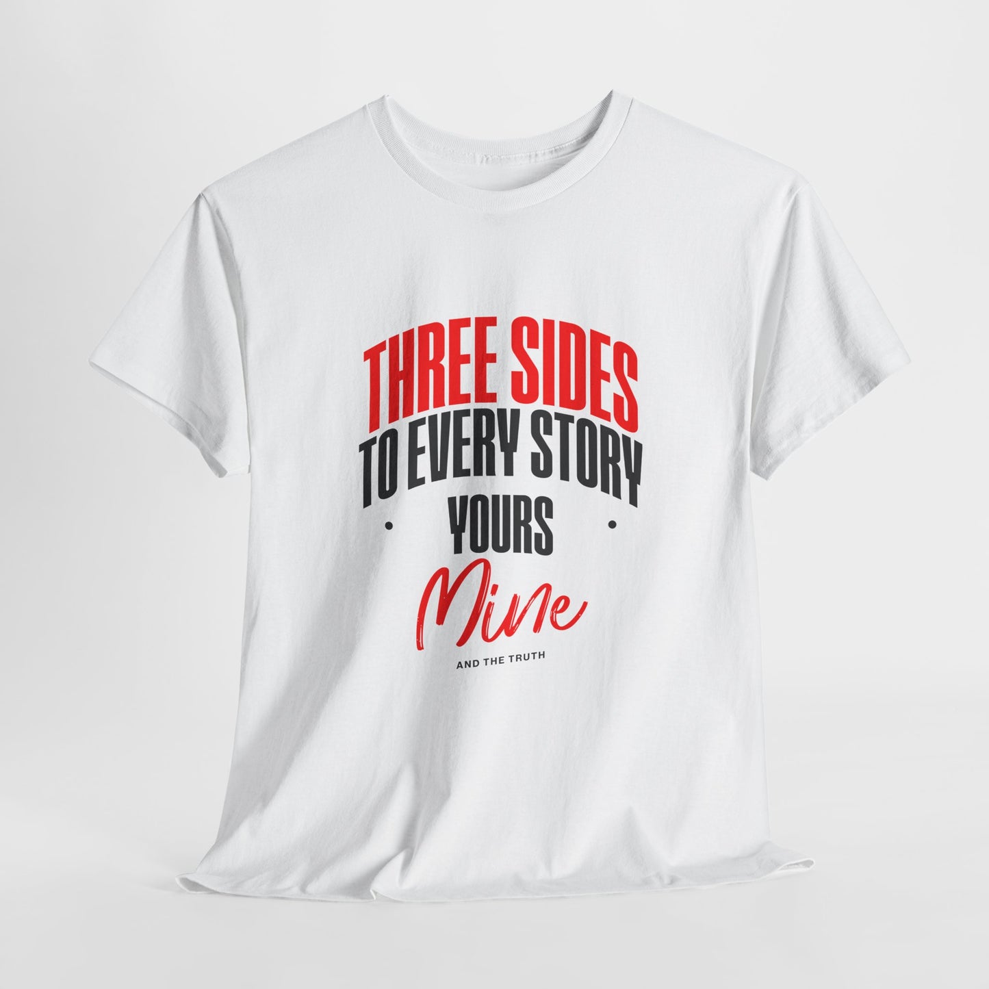 White t-shirt with red and black text on a white background