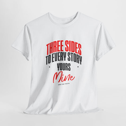 White t-shirt with red and black text on a white background