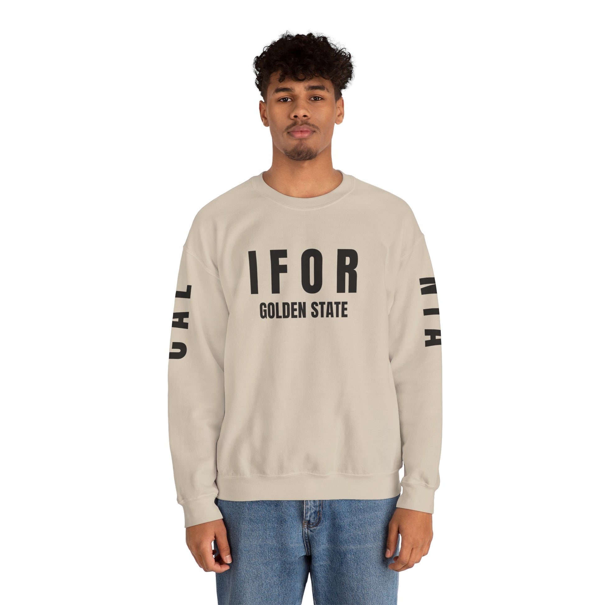 Man wearing a beige sweatshirt with 'I FOR GOLDEN STATE' text on a white background