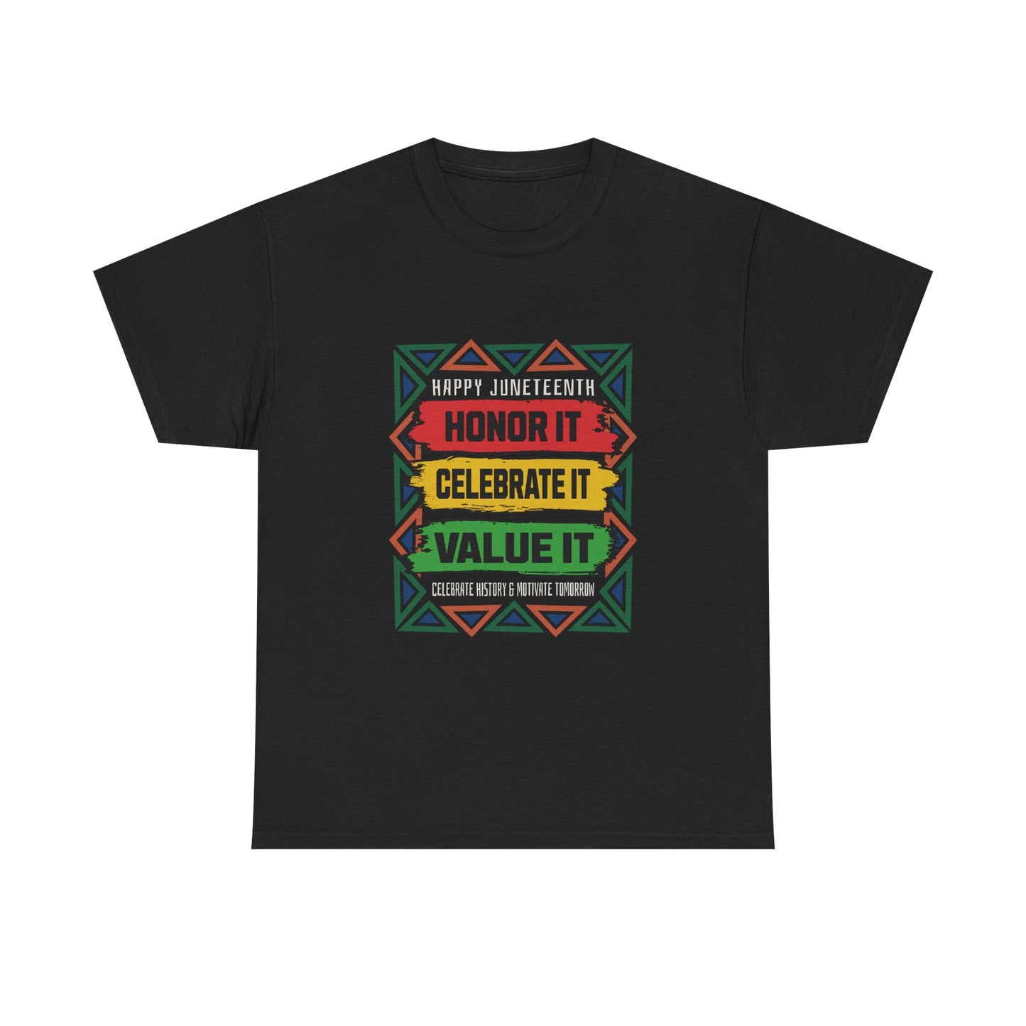 Black t-shirt with colorful 'Happy Juneteenth' text design on a white background