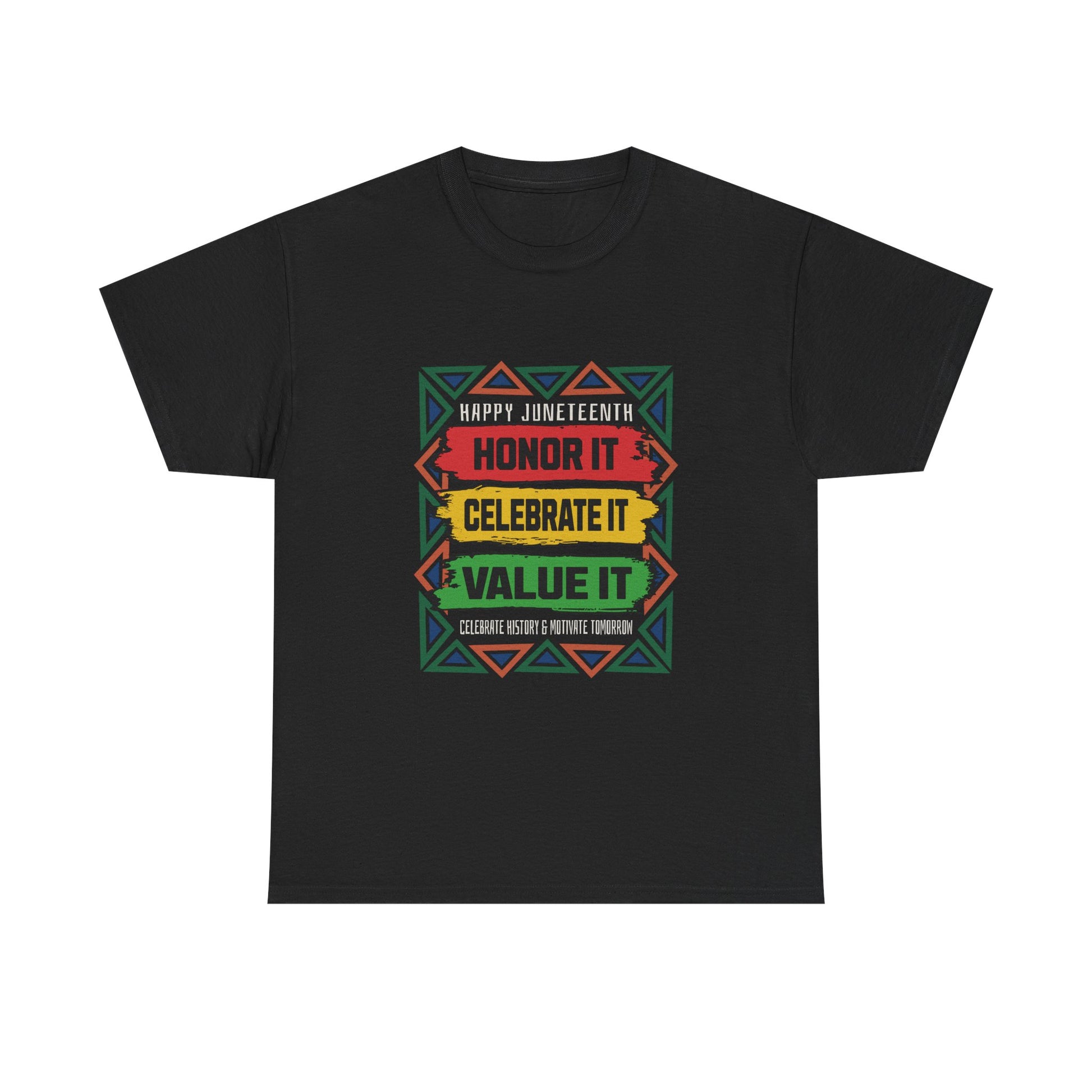 Black t-shirt with colorful 'Happy Juneteenth' text design on a white background
