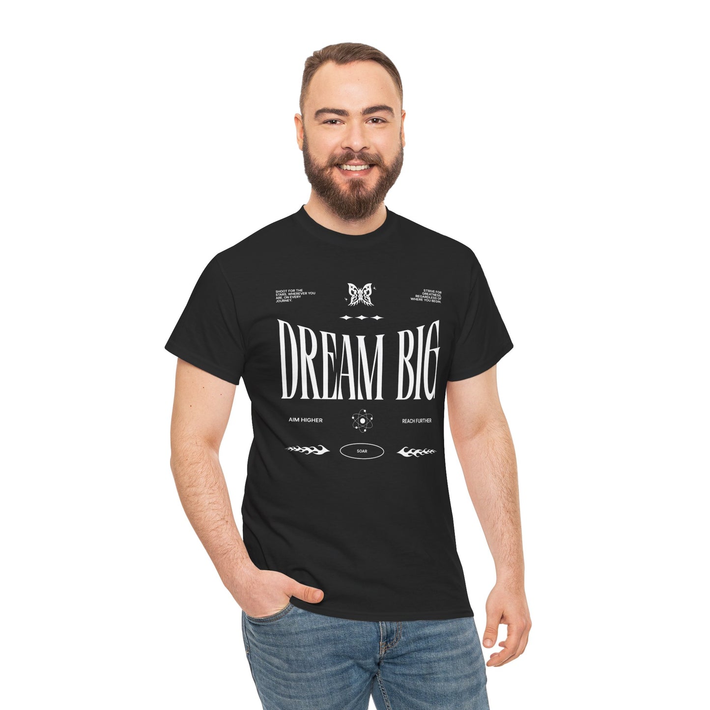 Dream Big Unisex Heavy Cotton T-Shirt Design. Shoot for the stars wherever you are and on every journey.