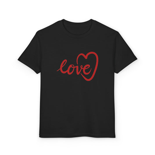 Heartfelt Style: Youth Red "Love" Heart Script Premium Tee