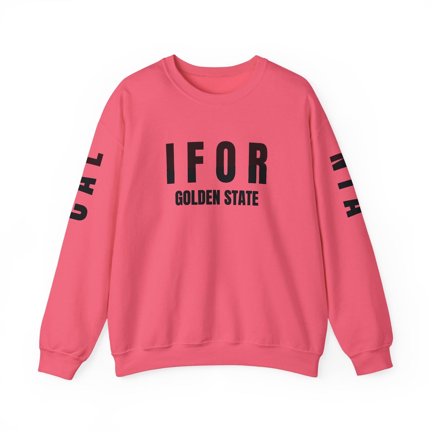 Pink sweatshirt with black text on a white background