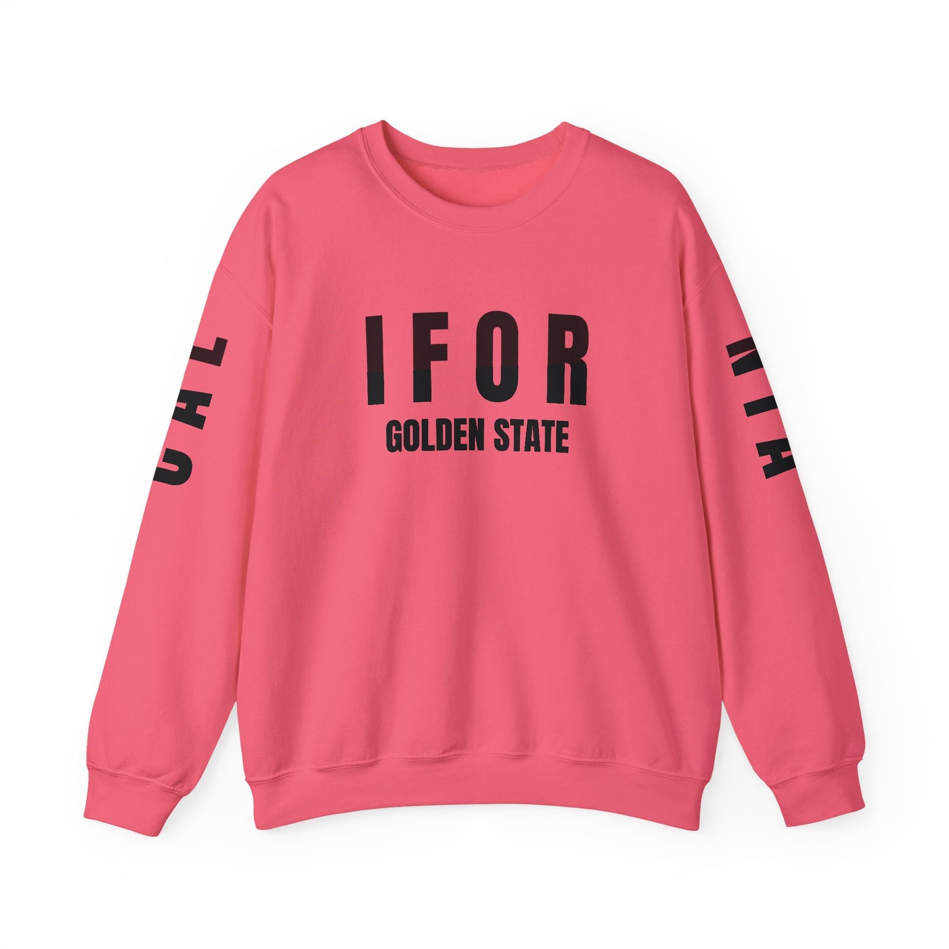 Pink sweatshirt with black text on a white background